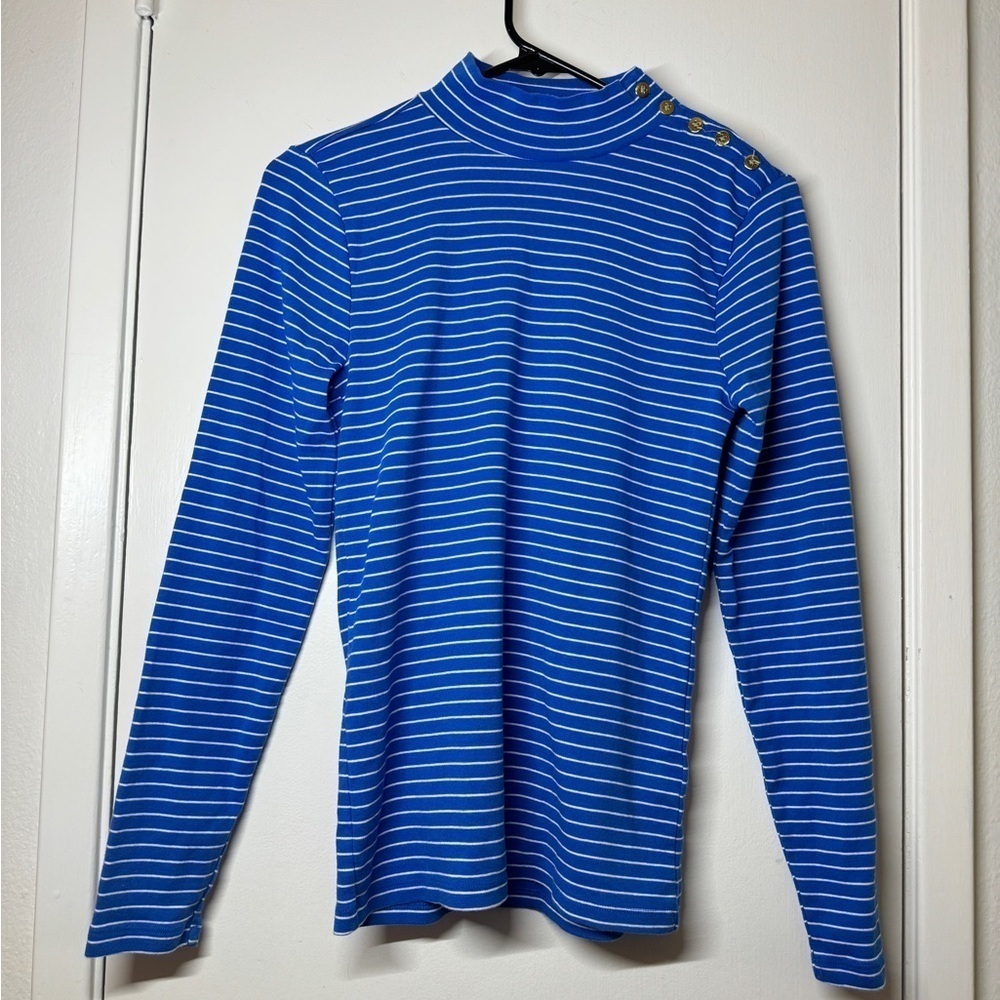 J. Crew Striped Mockneck Blue White Striped Long Sleeve Gold Buttoned Top Small